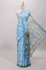 Turquoise blue striped shibori print linen cotton saree