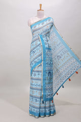 Turquoise blue warli print linen cotton saree