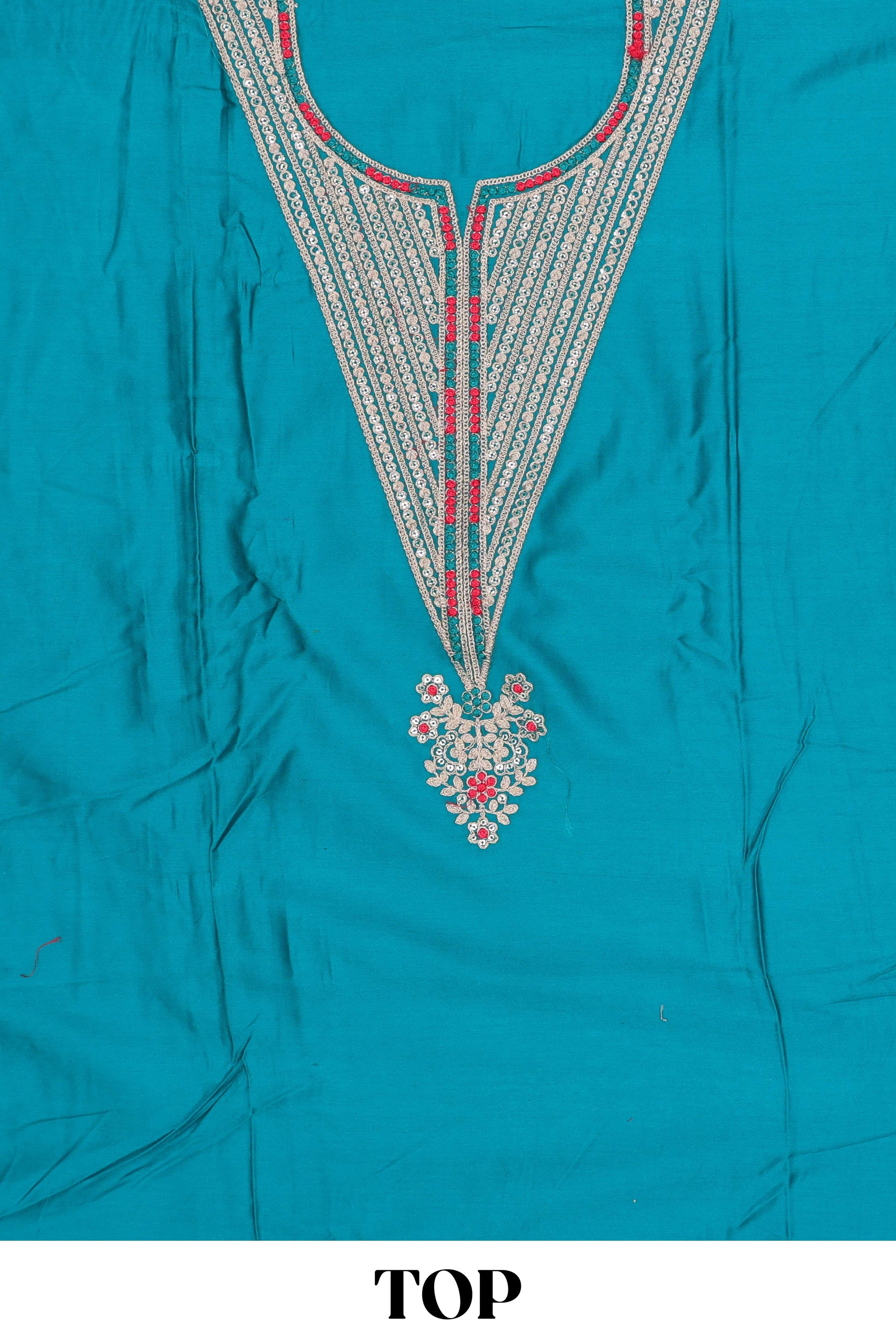 Turquoise cotton silk embroidered dress material