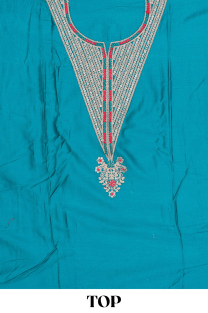 Turquoise cotton silk embroidered dress material
