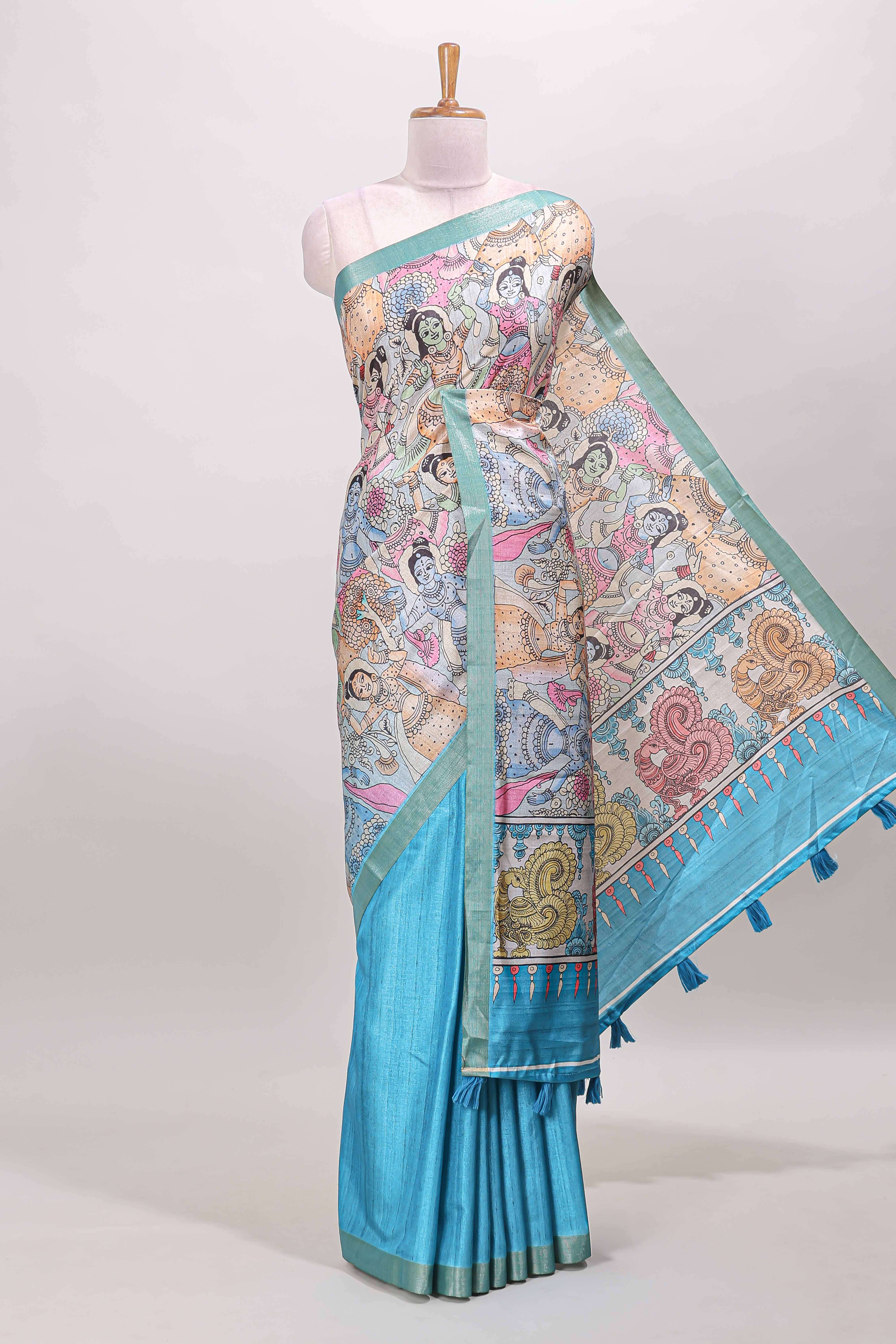 Turquoise dola silk kalamkari saree