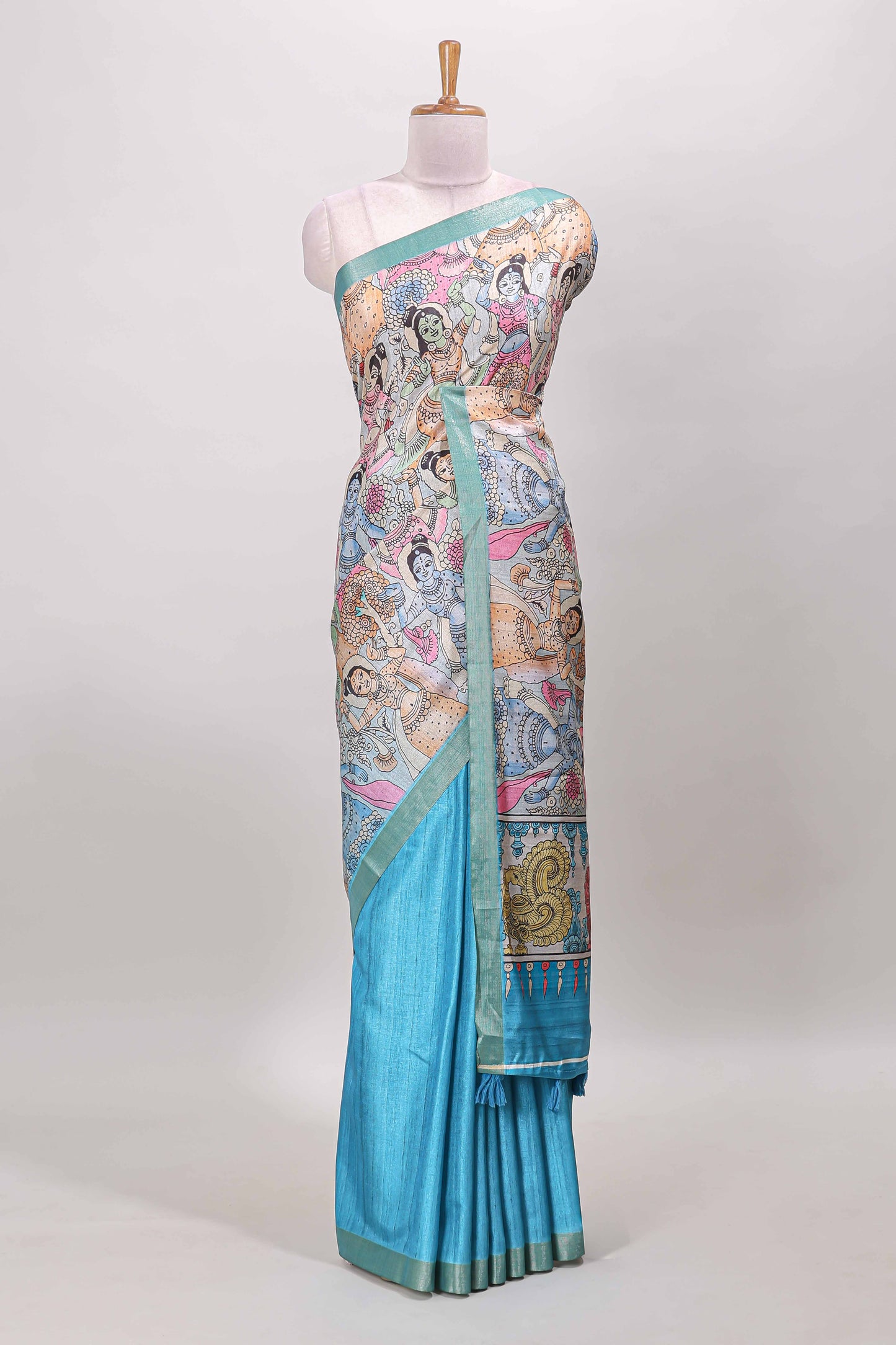 Turquoise dola silk printed saree