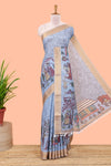 Turquoise floral print Chirala cotton saree with zari border