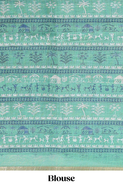  Turquoise green casual linen saree