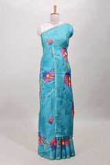  Turquoise green floral linen cotton saree