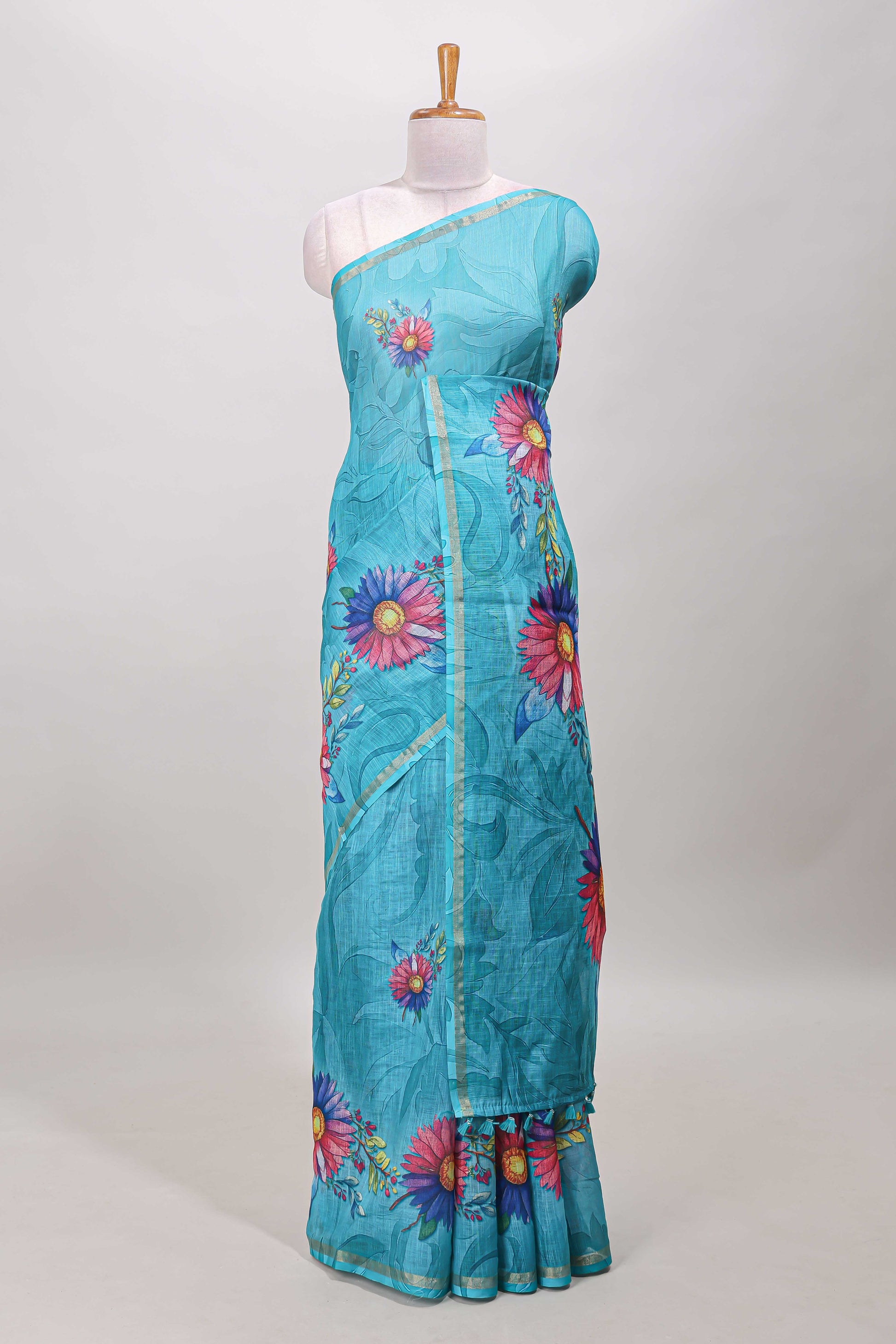  Turquoise green floral linen cotton saree