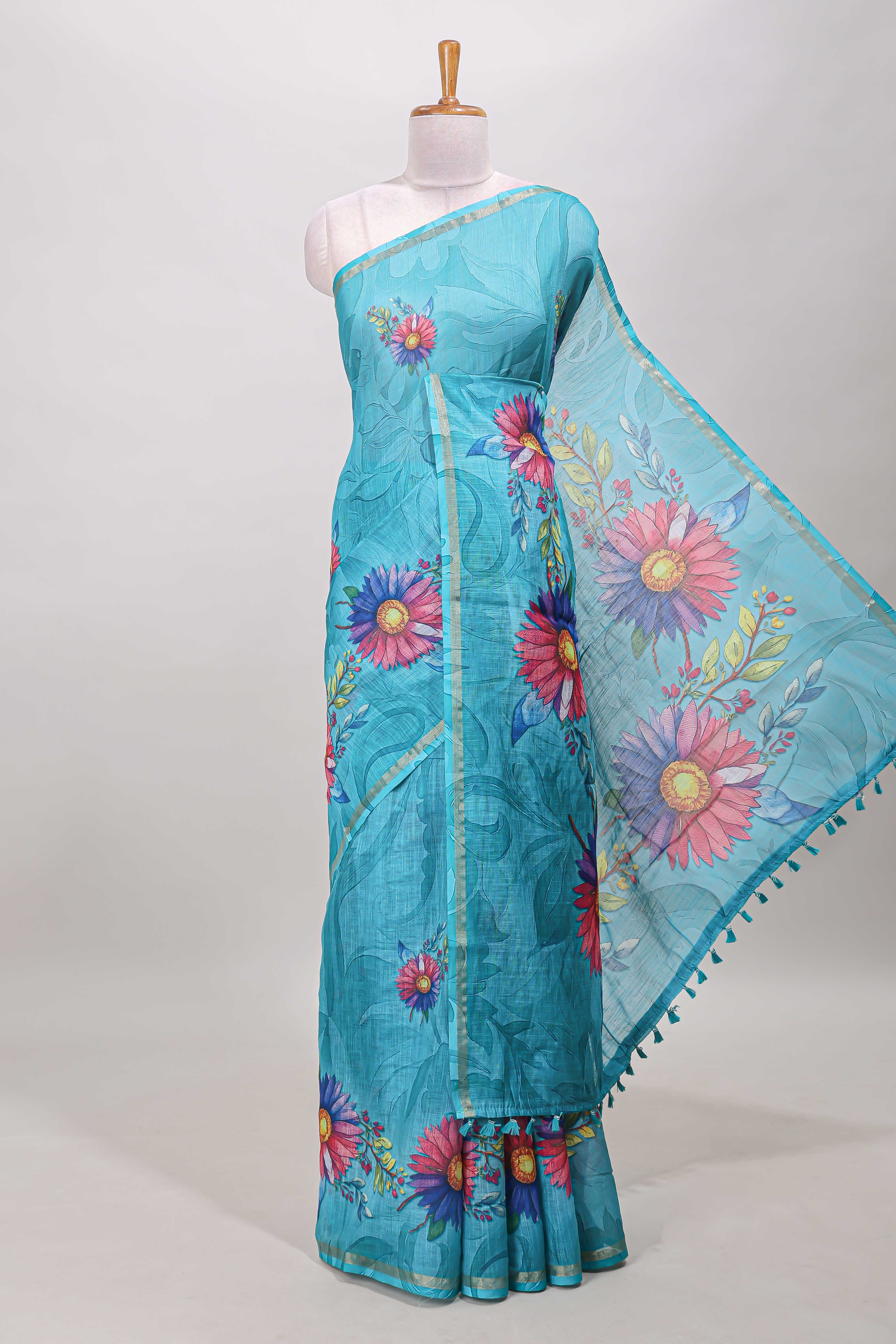 Turquoise green floral print linen cotton saree