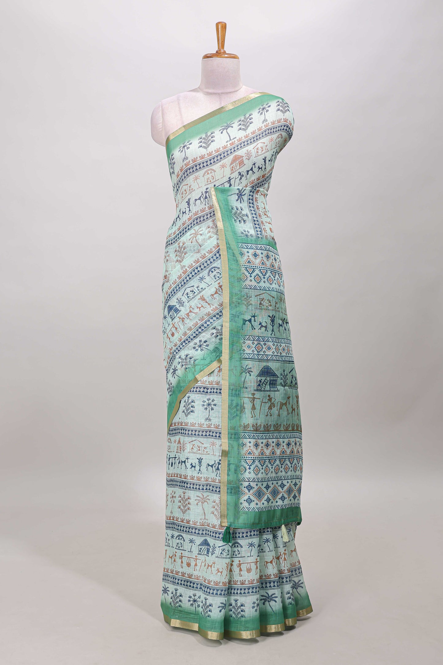  Turquoise green linen cotton saree 