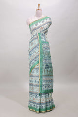  Turquoise green linen cotton saree 