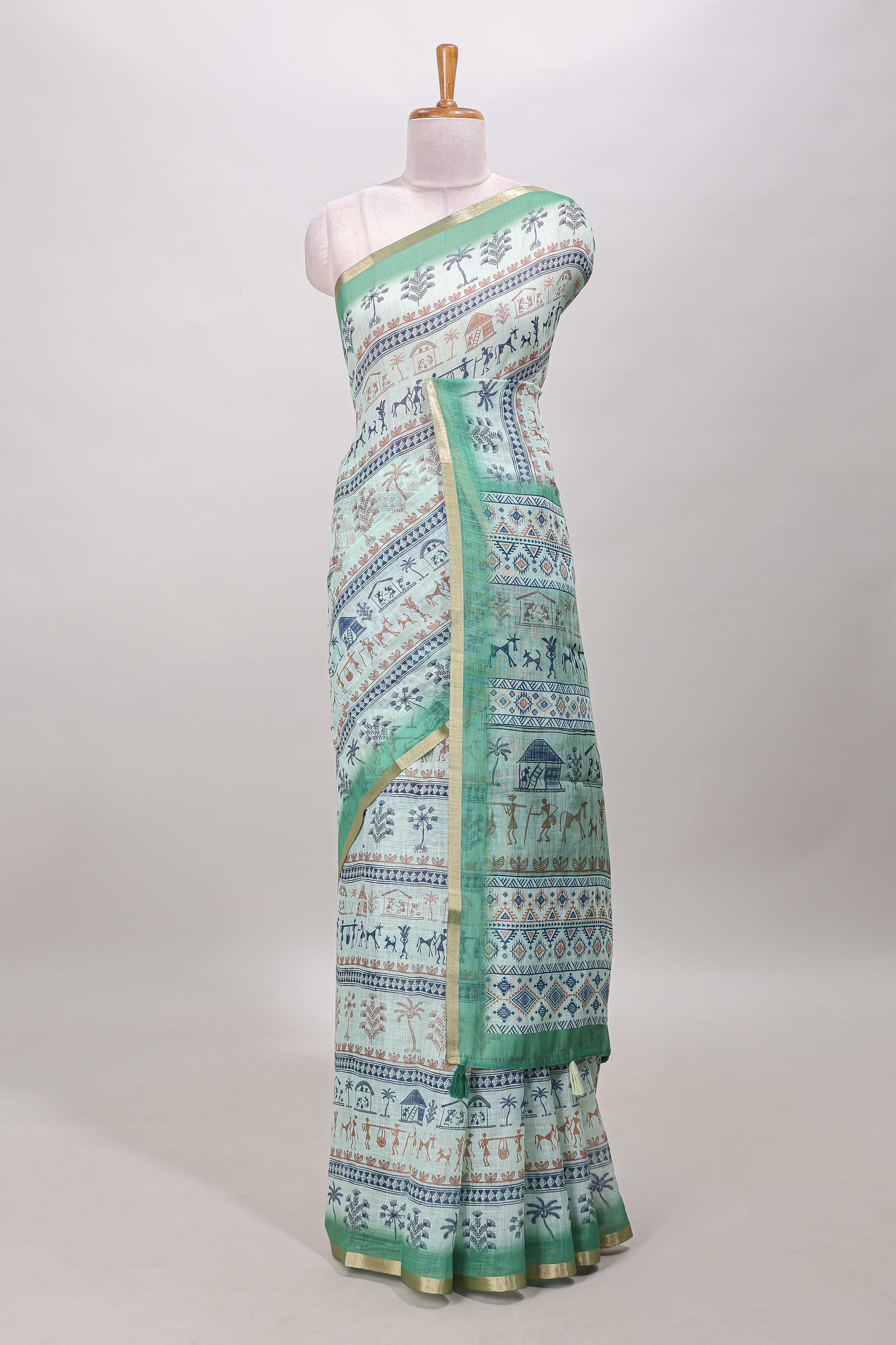  Turquoise green linen cotton saree 