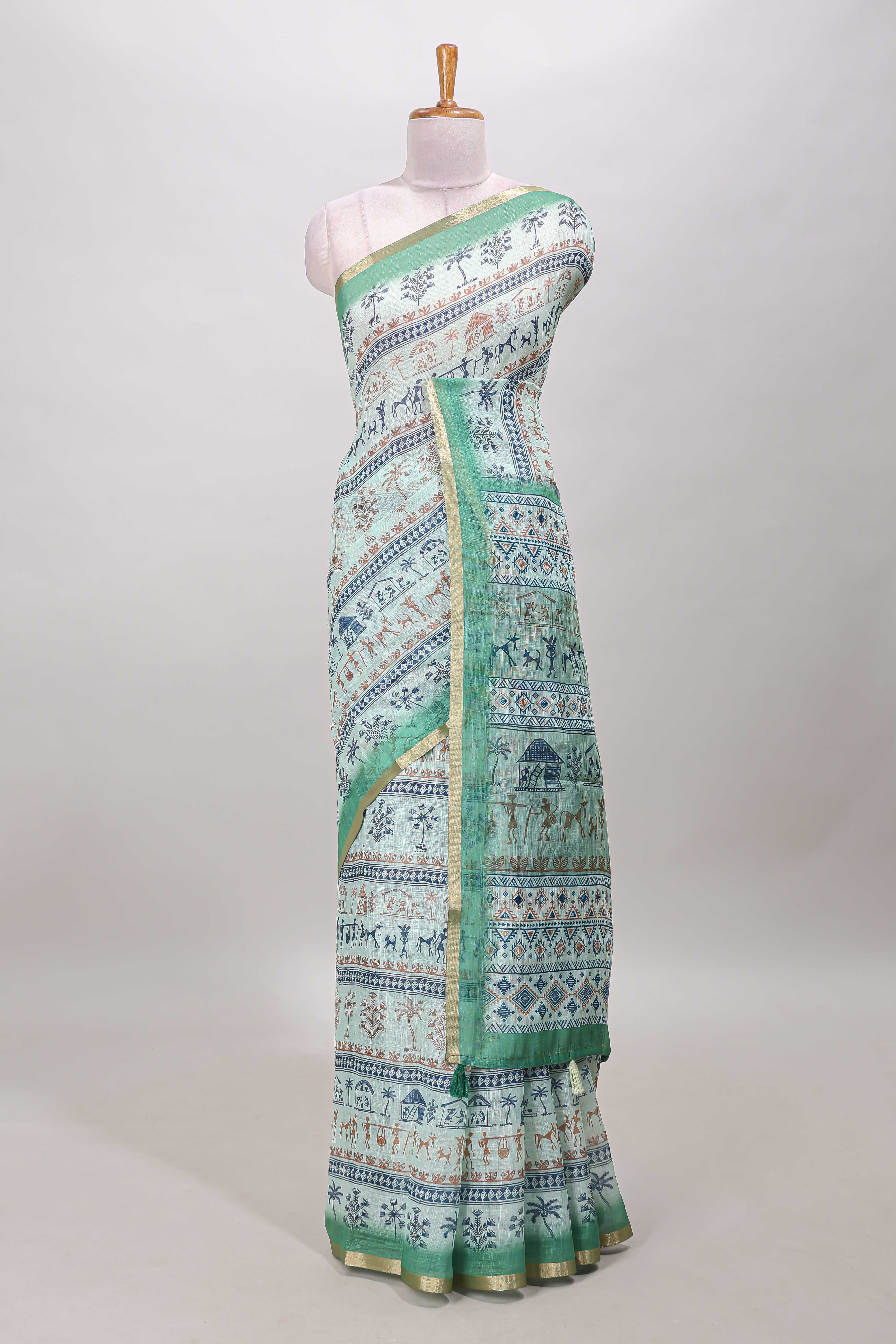  Turquoise green linen cotton saree 