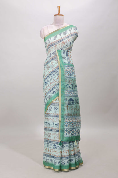  Turquoise green linen cotton saree 