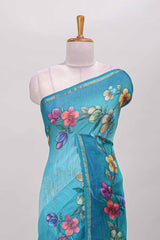 Turquoise green linen saree with self zari border