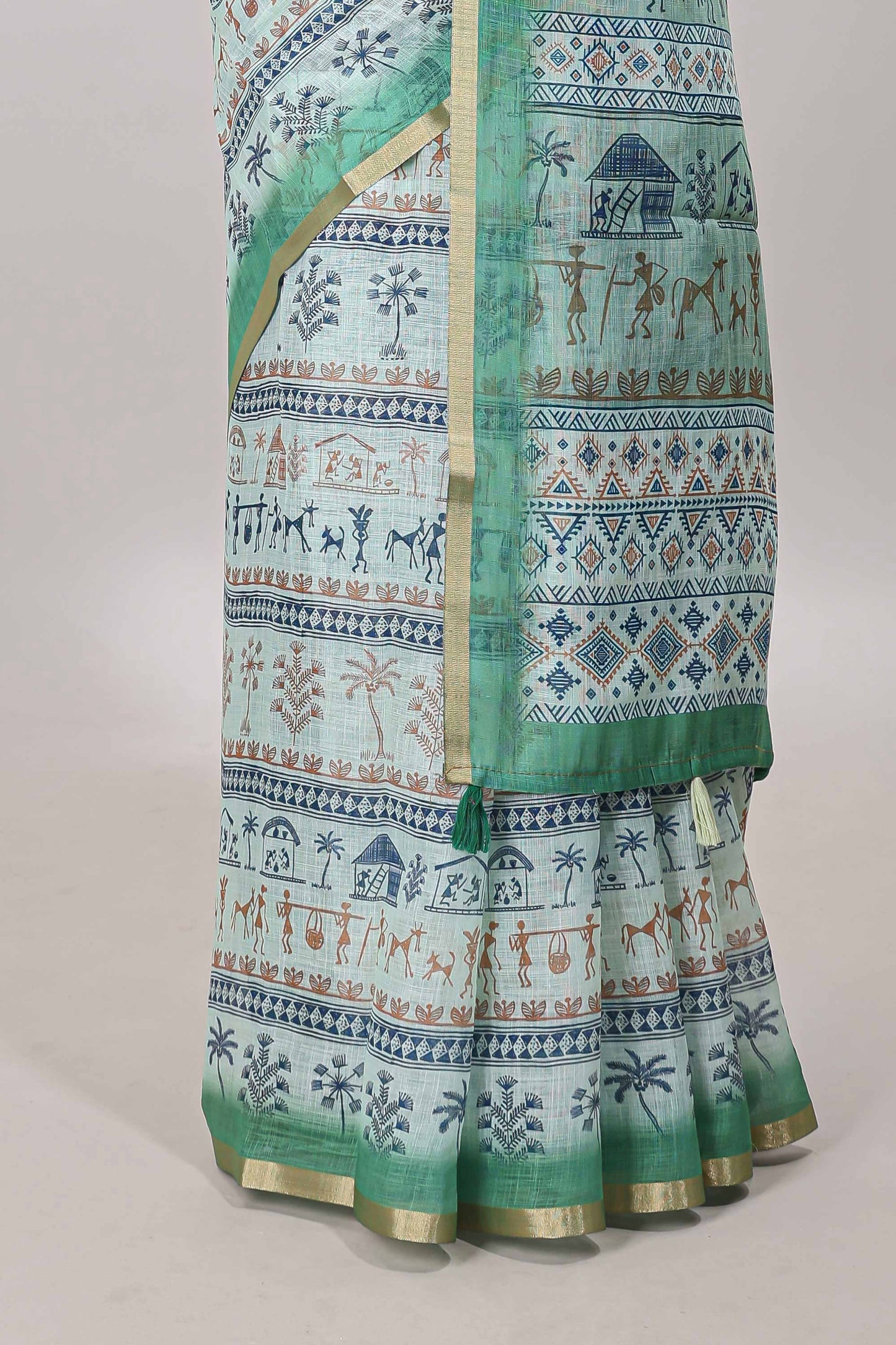  Turquoise green printed blouse saree 