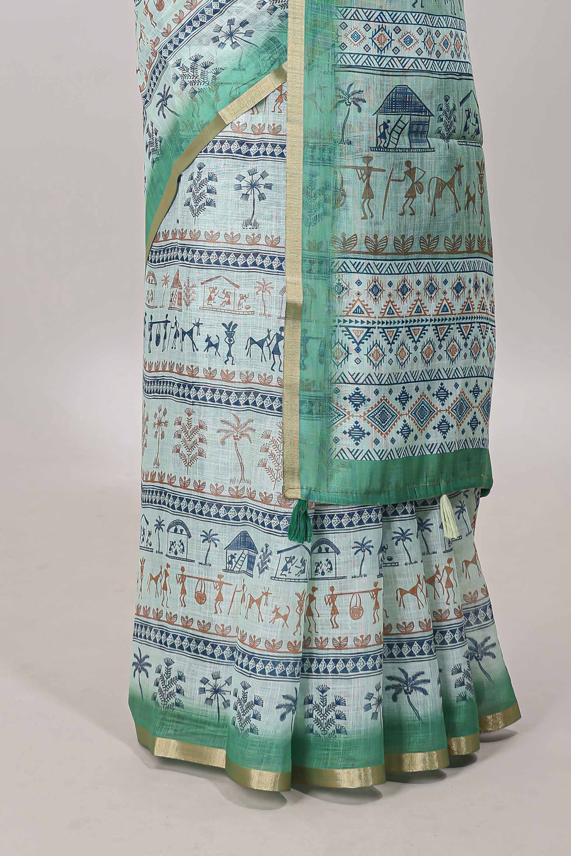  Turquoise green printed blouse saree 