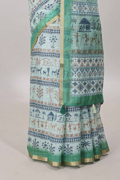  Turquoise green printed blouse saree 