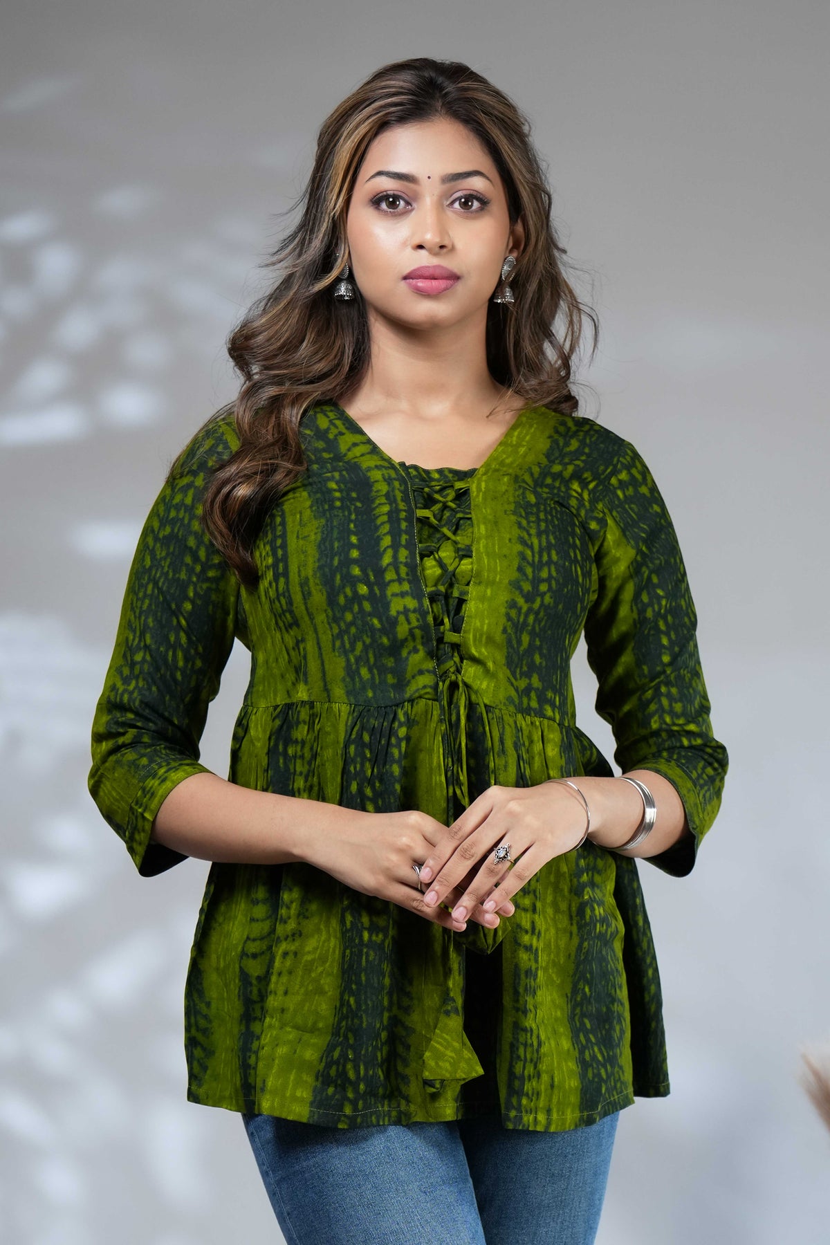 Forest Green Shibori Tie-Dye Print Short Kurti with Vertical Stripes, 3/4 Sleeves & Tassel Tie-Up Neck