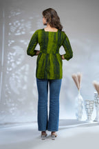 Forest Green Shibori Tie-Dye Print Short Kurti with Vertical Stripes, 3/4 Sleeves & Tassel Tie-Up Neck
