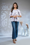 Cream Shibori Tie-Dye Print Short Kurti with Vertical Stripes, 3/4 Sleeves & Tassel Tie-Up Neck