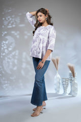 Cream Shibori Tie-Dye Print Short Kurti with Vertical Stripes, 3/4 Sleeves & Tassel Tie-Up Neck