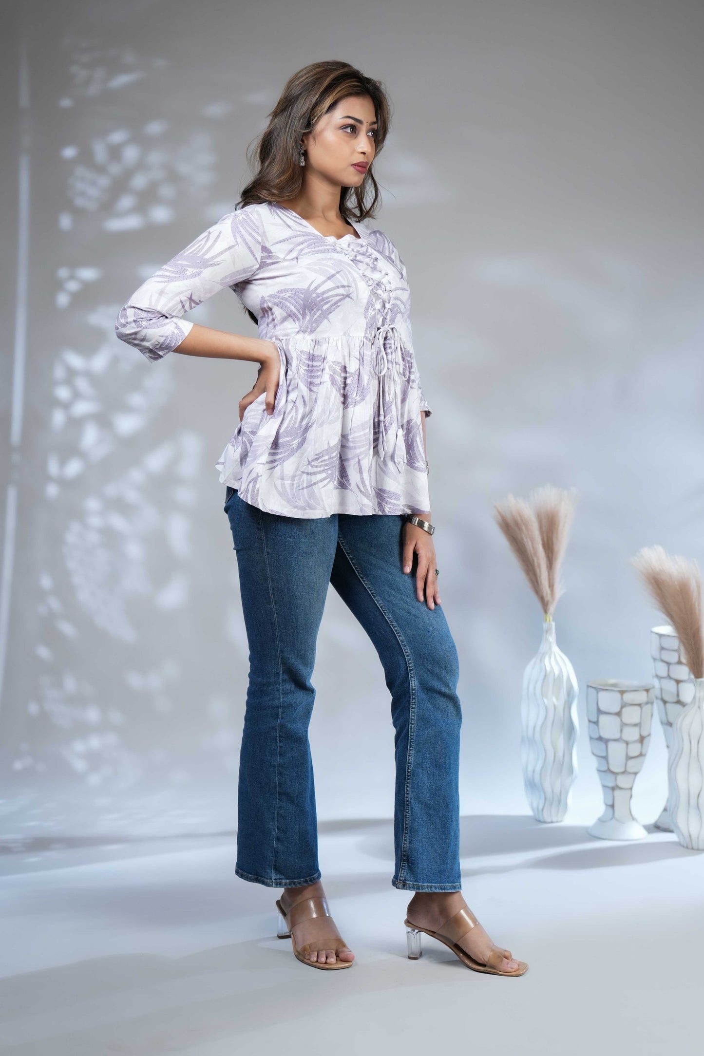 Cream Shibori Tie-Dye Print Short Kurti with Vertical Stripes, 3/4 Sleeves & Tassel Tie-Up Neck