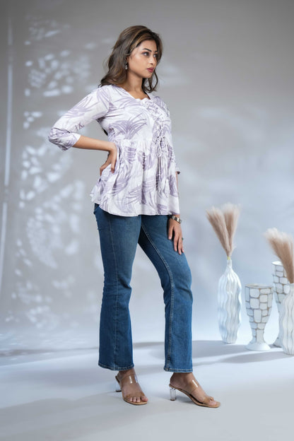 Cream Shibori Tie-Dye Print Short Kurti with Vertical Stripes, 3/4 Sleeves & Tassel Tie-Up Neck