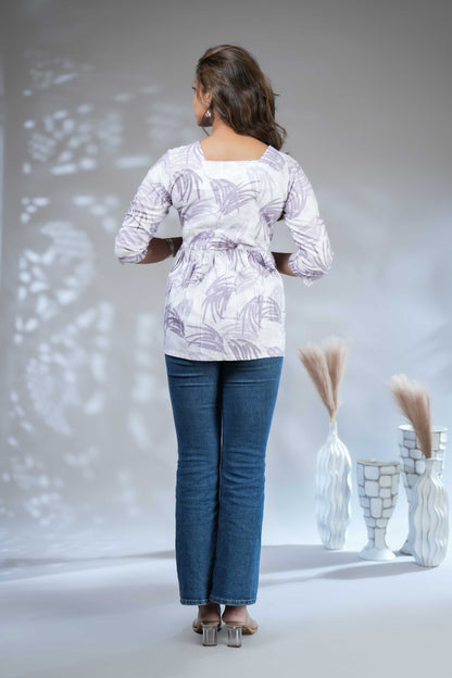 Cream Shibori Tie-Dye Print Short Kurti with Vertical Stripes, 3/4 Sleeves & Tassel Tie-Up Neck