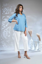 Sky blue floral design Short Kurti with Vertical Stripes, 3/4 Sleeves Collar Neck