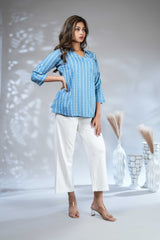 Sky blue floral design Short Kurti with Vertical Stripes, 3/4 Sleeves Collar Neck