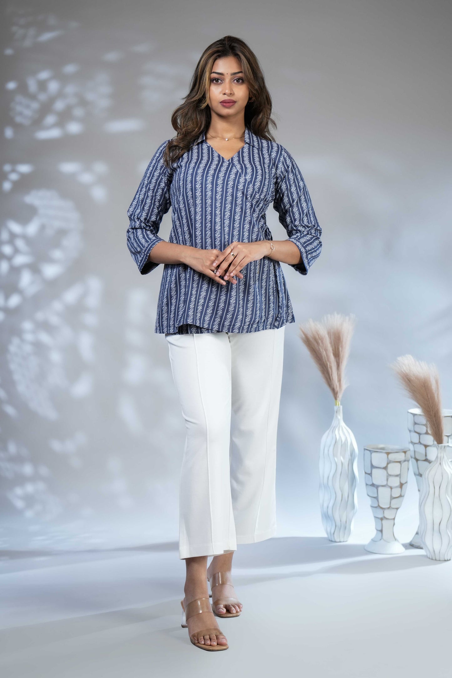 Dark blue floral design Short Kurti with Vertical Stripes, 3/4 Sleeves Collar Neck