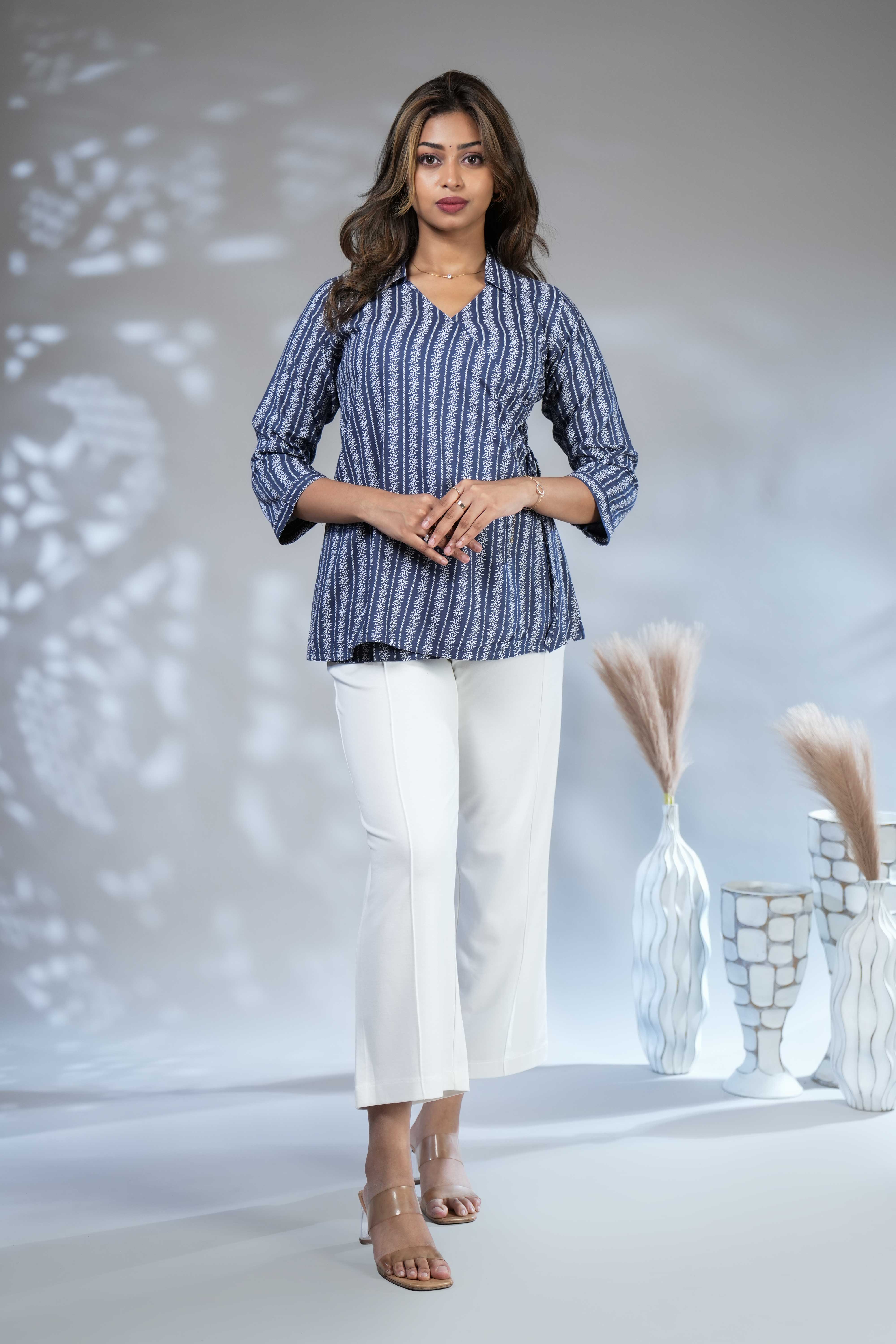 Dark blue floral design Short Kurti with Vertical Stripes, 3/4 Sleeves Collar Neck