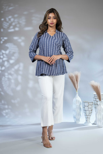 Dark blue floral design Short Kurti with Vertical Stripes, 3/4 Sleeves Collar Neck