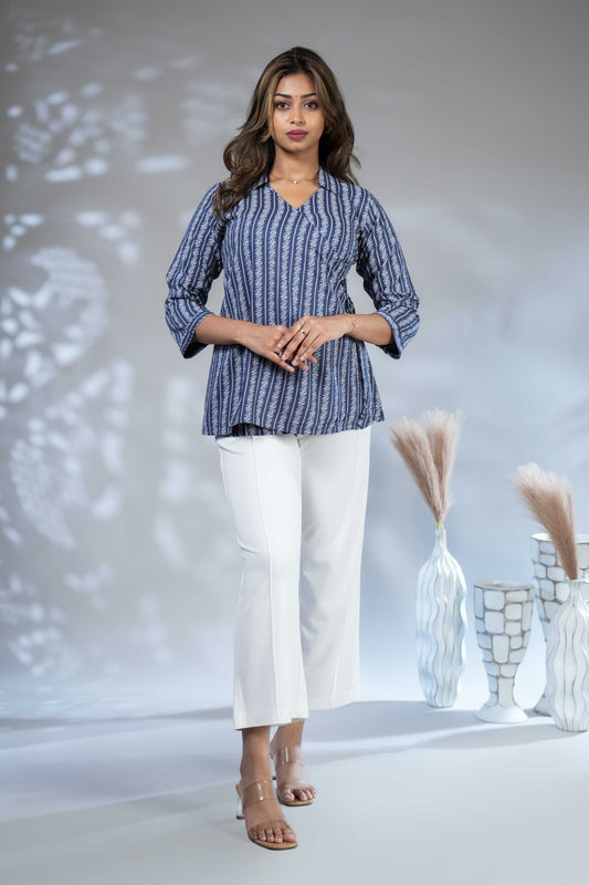 Dark blue floral design Short Kurti with Vertical Stripes, 3/4 Sleeves Collar Neck