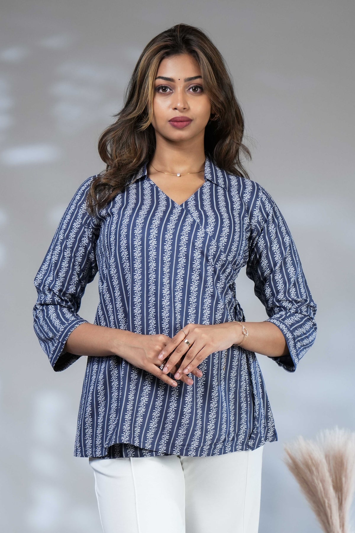 Dark blue floral design Short Kurti with Vertical Stripes, 3/4 Sleeves Collar Neck