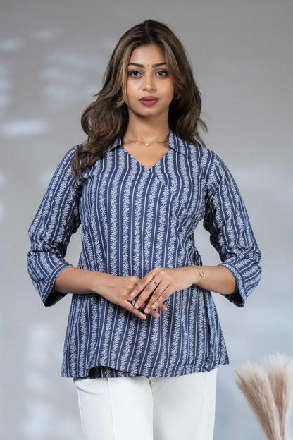 Dark blue floral design Short Kurti with Vertical Stripes, 3/4 Sleeves Collar Neck