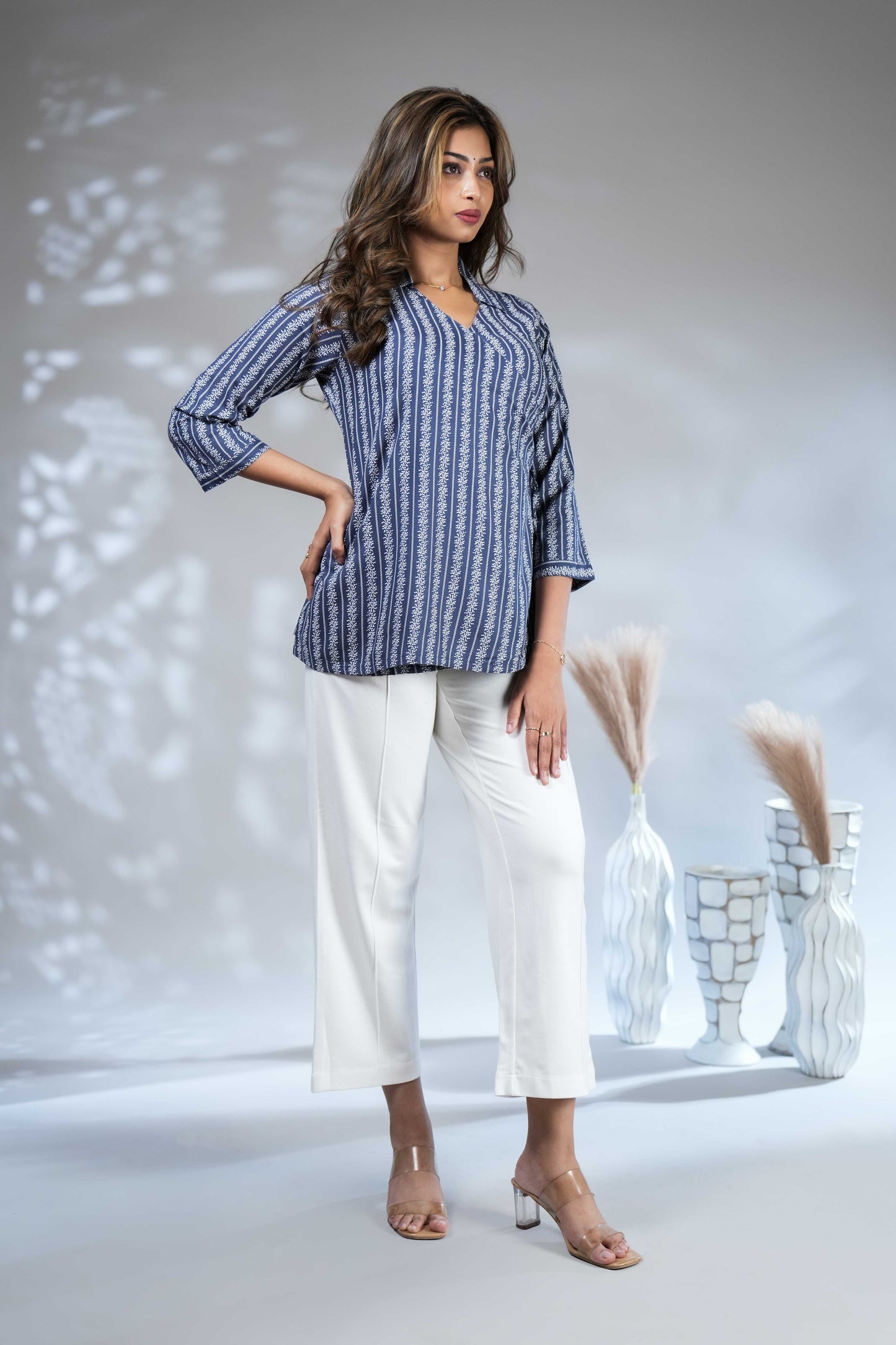 Dark blue floral design Short Kurti with Vertical Stripes, 3/4 Sleeves Collar Neck