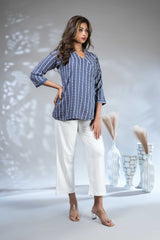 Dark blue floral design Short Kurti with Vertical Stripes, 3/4 Sleeves Collar Neck