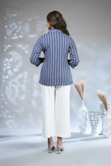 Dark blue floral design Short Kurti with Vertical Stripes, 3/4 Sleeves Collar Neck