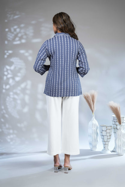 Dark blue floral design Short Kurti with Vertical Stripes, 3/4 Sleeves Collar Neck