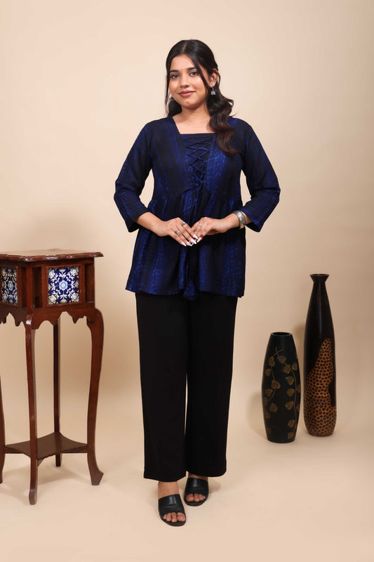 Blue Shibori Tie-Dye Print Short Kurti with Vertical Stripes, 3/4 Sleeves & Tassel Tie-Up Neck