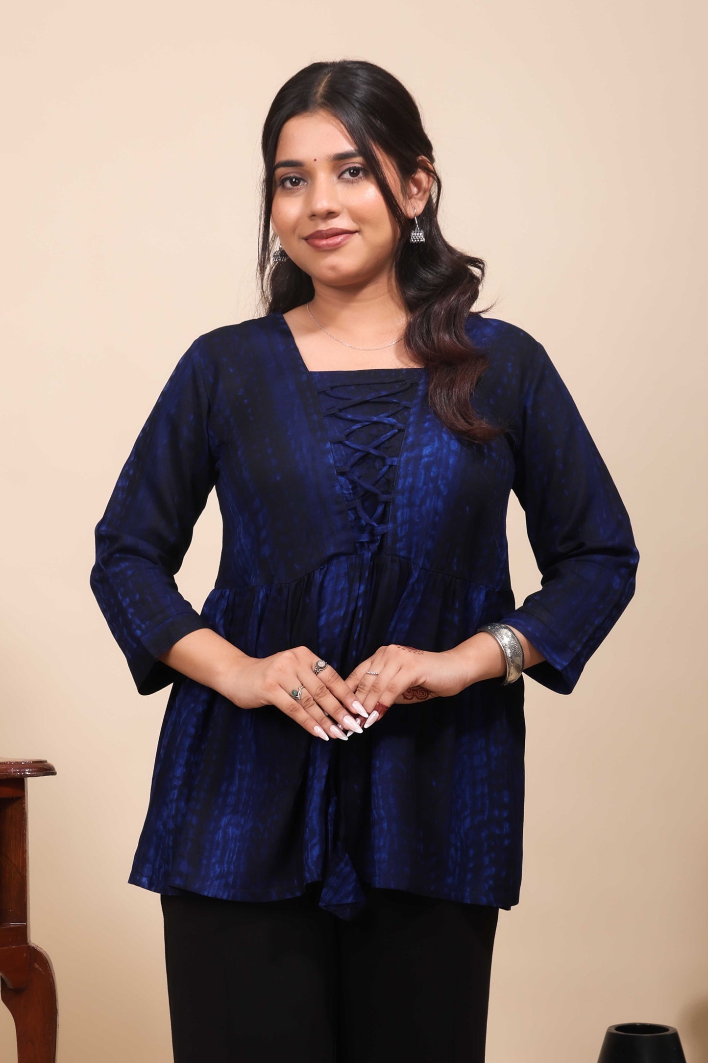 Blue Shibori Tie-Dye Print Short Kurti with Vertical Stripes, 3/4 Sleeves & Tassel Tie-Up Neck