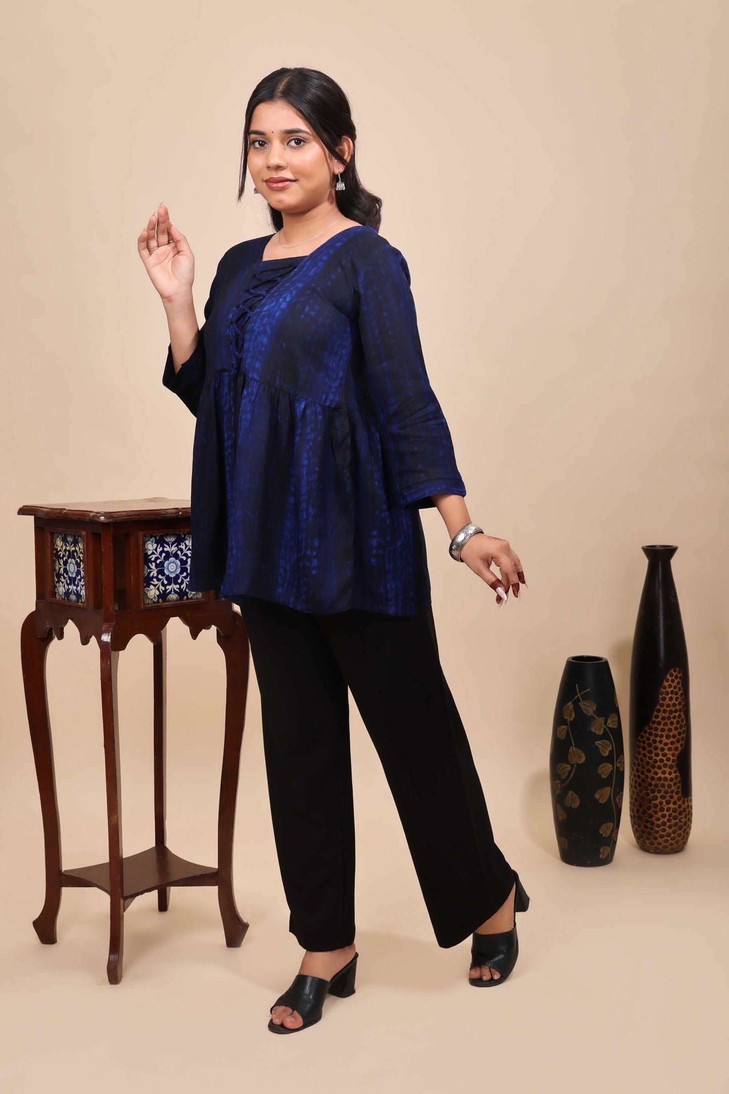 Blue Shibori Tie-Dye Print Short Kurti with Vertical Stripes, 3/4 Sleeves & Tassel Tie-Up Neck