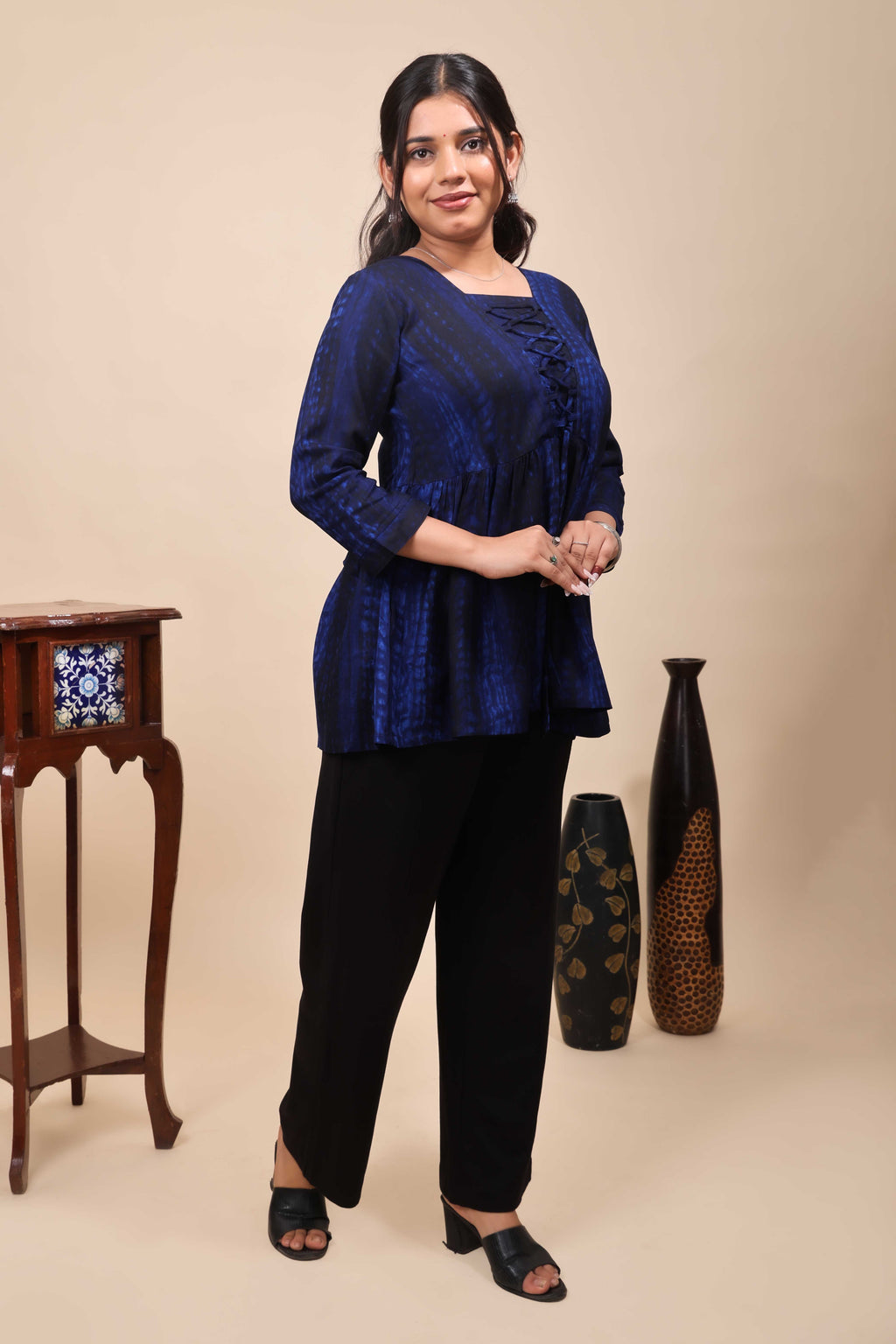 Blue Shibori Tie-Dye Print Short Kurti with Vertical Stripes, 3/4 Sleeves & Tassel Tie-Up Neck