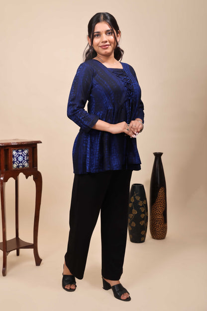 Blue Shibori Tie-Dye Print Short Kurti with Vertical Stripes, 3/4 Sleeves & Tassel Tie-Up Neck