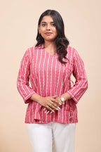 Pink floral design Short Kurti with Vertical Stripes, 3/4 Sleeves Collar Neck