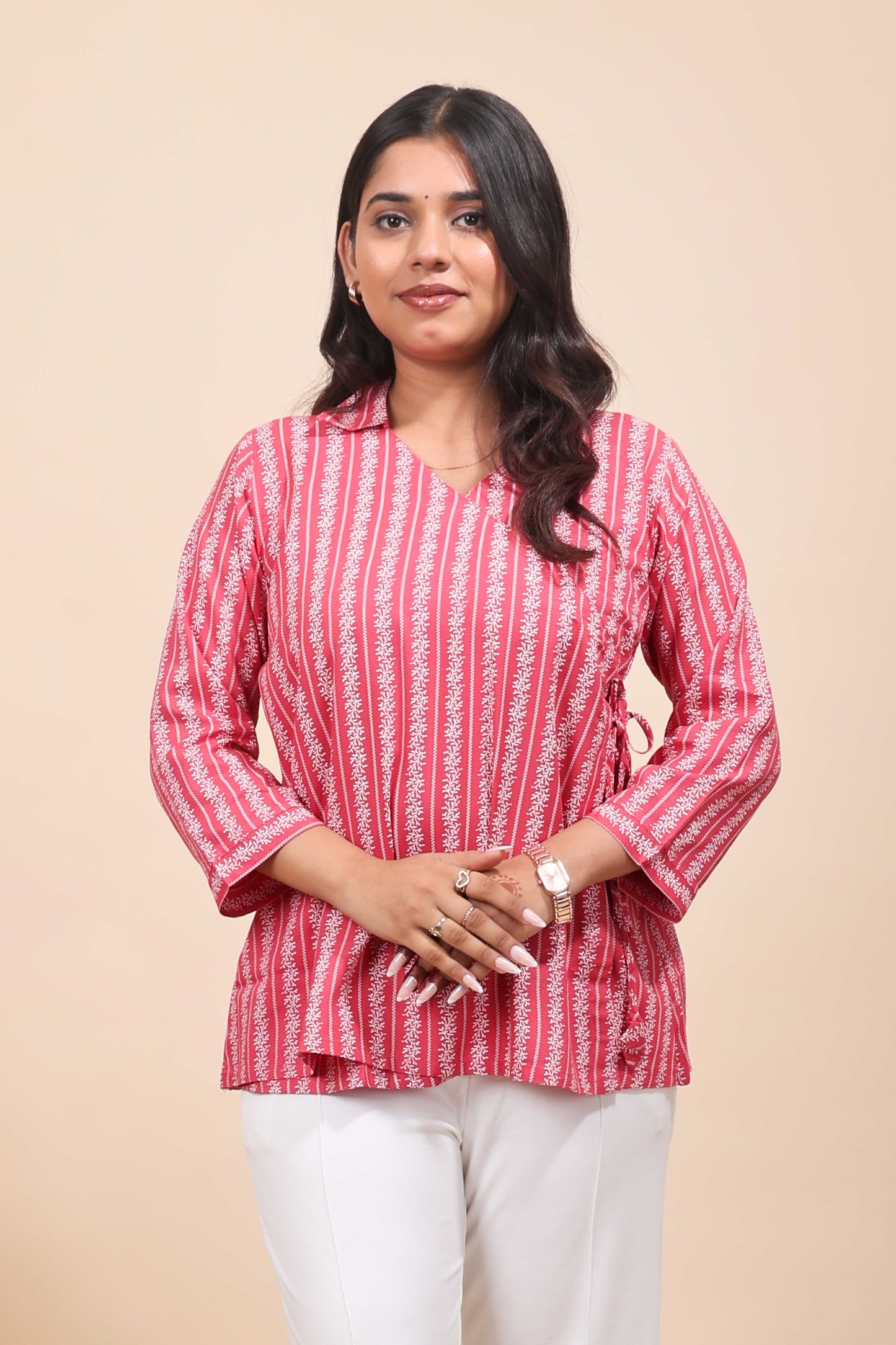 Pink floral design Short Kurti with Vertical Stripes, 3/4 Sleeves Collar Neck