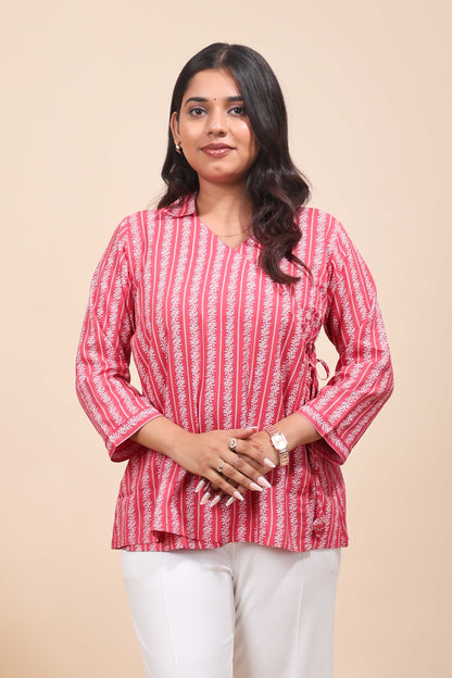 Pink floral design Short Kurti with Vertical Stripes, 3/4 Sleeves Collar Neck