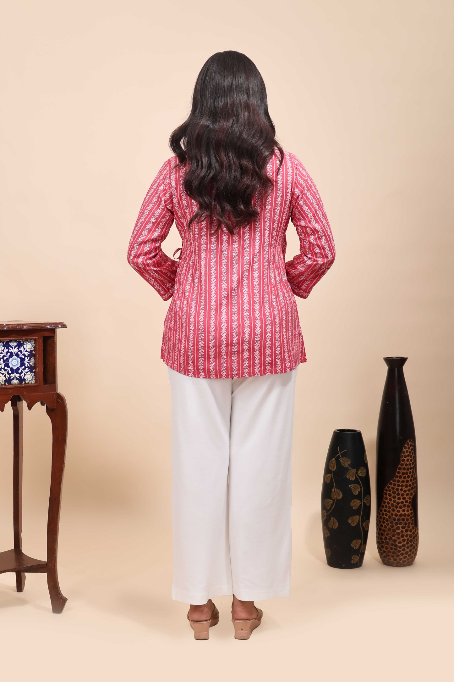 Pink floral design Short Kurti with Vertical Stripes, 3/4 Sleeves Collar Neck