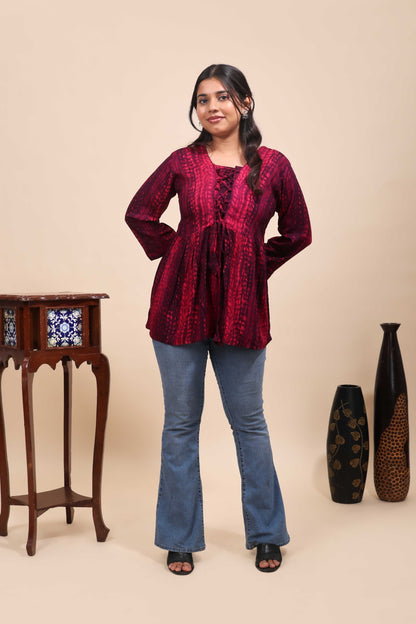 Pink Shibori Tie-Dye Print Short Kurti with Vertical Stripes, 3/4 Sleeves & Tassel Tie-Up Neck