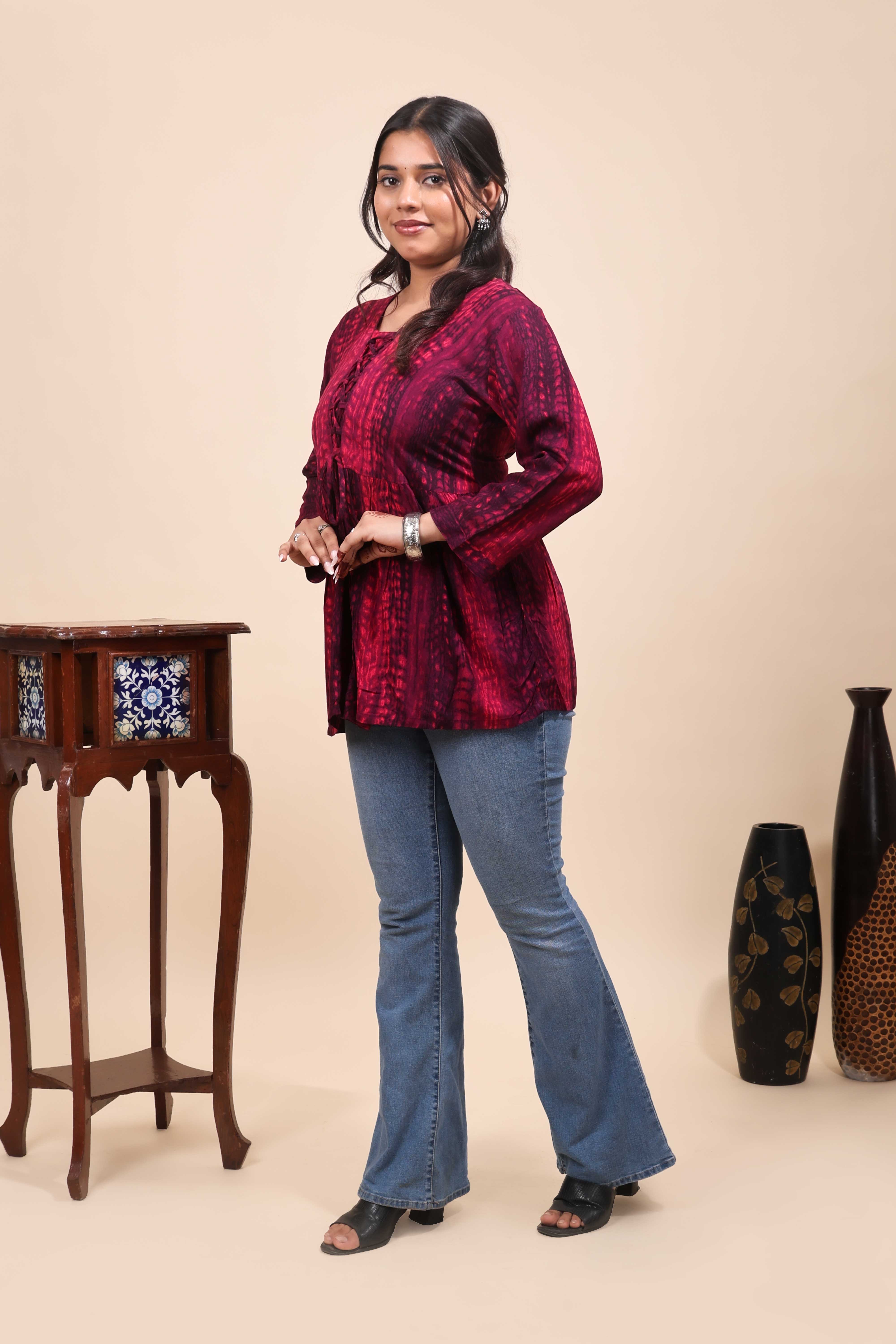 Pink Shibori Tie-Dye Print Short Kurti with Vertical Stripes, 3/4 Sleeves & Tassel Tie-Up Neck